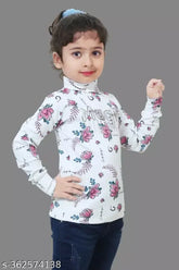 Acrylic pink rose print kids sweater, high neck, self-designed pattern. Girls sizes 2-10 years old, made in India