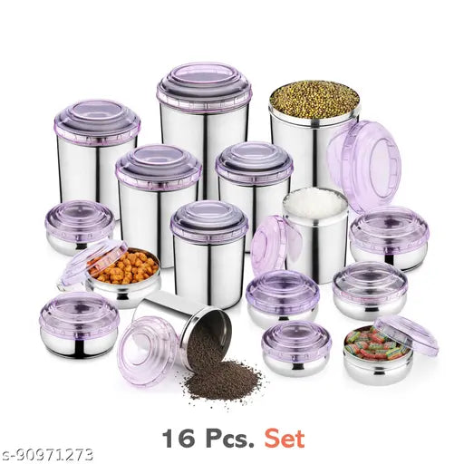 Purple PC lid stainless steel canister set (16 pcs), includes airtight storage for various sizes: 2200ML, 1500ML, 850ML, 650ML, 450ML, 300ML, 200ML, 700ML. Durable, rust-free, and easy to clean