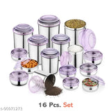Purple PC lid stainless steel canister set (16 pcs), includes airtight storage for various sizes: 2200ML, 1500ML, 850ML, 650ML, 450ML, 300ML, 200ML, 700ML. Durable, rust-free, and easy to clean