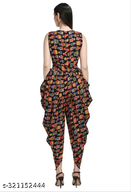 Sleeveless Dhoti Style Maxi Jumpsuit Owl Print Crepe Fabric, XS-XXL
