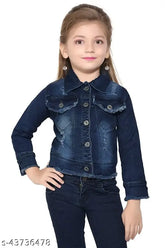 Blue denim jacket for girls, long sleeves, solid pattern, closure button on front