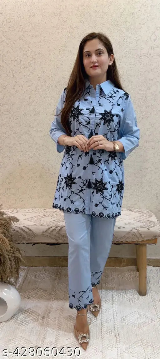 Blue cotton embroidered Ashnaina coord set, perfect for formal and party wear, India-origin fashion on trend for special occasions