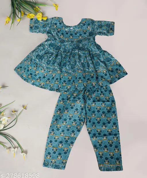Blue floral printed pure cotton Kurti Pajami Patiyala set for baby girls - Anarkali palazzos with three-quarter sleeves, designed by Spack Jerrow. Comes in various sizes from 12-18 months to 5-6 years. Made in India