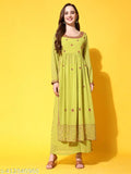 Georgette A-line kurta with round neck, full sleeves and straight hem, paired with ankle-length sharara with elasticated waistband. Embroidered net Georgette set for women, India origin