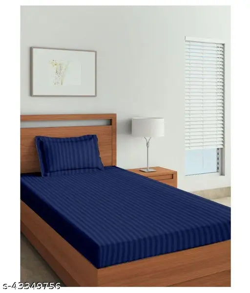 BlueStripeFittedSB: Superfine satin striped fitted bedsheets set, single size, includes one bedsheet and one pillow cover. Made in India
