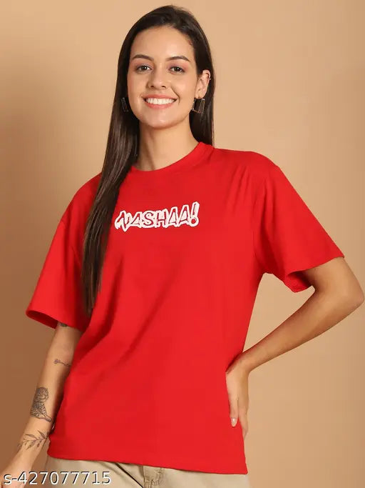 Graphic printed loose cotton oversize t-shirt for women, short sleeves, easy movement, India origin