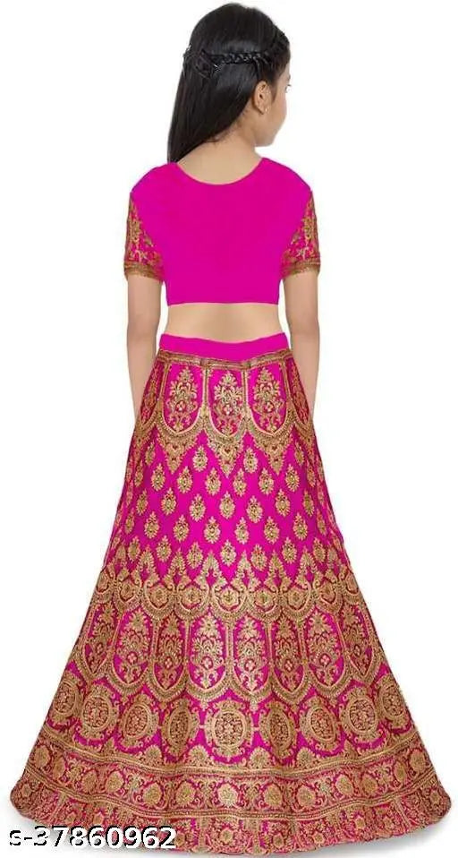Traditional pink satin embroidered lehenga-choli, perfect for ethnic occasions. Short-sleeved blouse and net dupatta included." (108 characters)