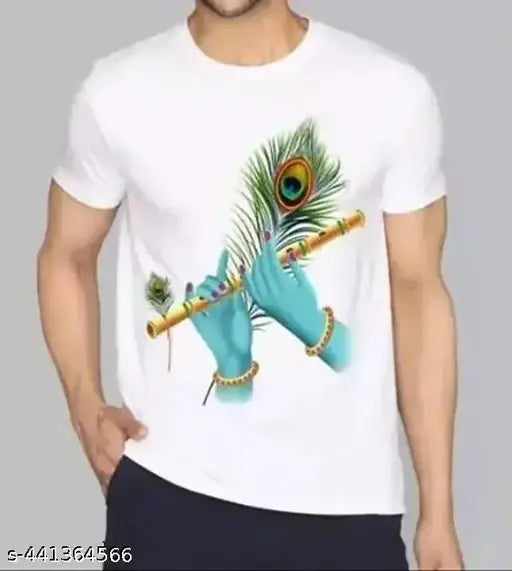 Men's white polyester printed round neck half sleeves t-shirt, lightweight, breathable, and soft feel