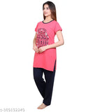 Printed polyester VRINDA night suit for lounge, gym, and housewear, featuring short sleeves on t-shirt style top and pyjama bottoms. Made in India