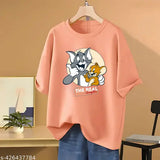 Women's loose fit Tom & Jerry cartoon oversized cotton T-shirt, long sleeves, printed pattern. Comfy, stylish, and perfect for any occasion