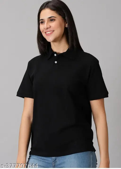 Cotton solid-color polo t-shirt for women and girls, short sleeves, India origin