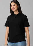 Cotton solid-color polo t-shirt for women and girls, short sleeves, India origin