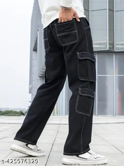 Mens loose baggy fit washed cargo jeans, cotton blend solid net, men's size 28/30/32/34 with waist 28/30/32/34in, length 40in, hip 36/38/40/42in. Made in India