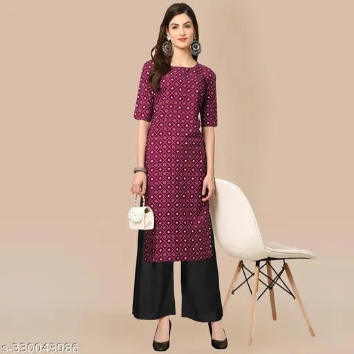 New pure crepe black-checked kurta with palazzos - best for regular wear and casual occasions, Indian printed kurta set for women