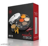 Stainless steel round multi-spice box with seven removable cups, perfect for kitchen storage and cooking needs