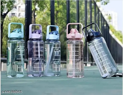 Transparent motivational fitness water bottle (2000ml), BPA-free plastic with time marker & straw, leakproof & removable parts, wide mouth opening, multicolor