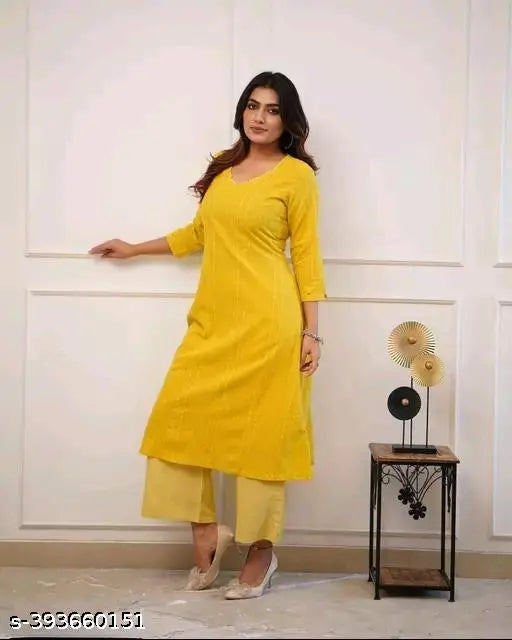 New yellow Katha Rayon three-quarter sleeve kurta set, solid pattern for women's fashion