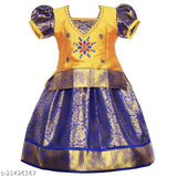 Cotton silk kids lehenga choli set in traditional Nila pattu print, net duppatta with short sleeves, Indian origin