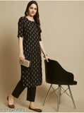 Rayon printed kurta pant set with three-quarter sleeves, Indian fashion for plus size women on model