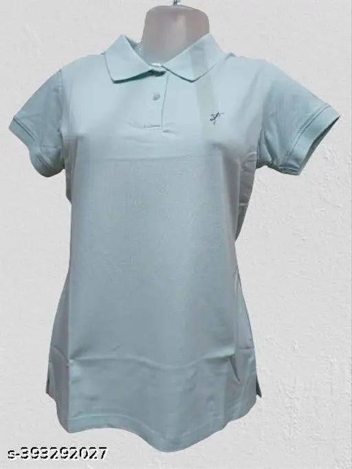 Matte blue polo neck T-shirt for women, grey short sleeves, printed pattern, daily wear