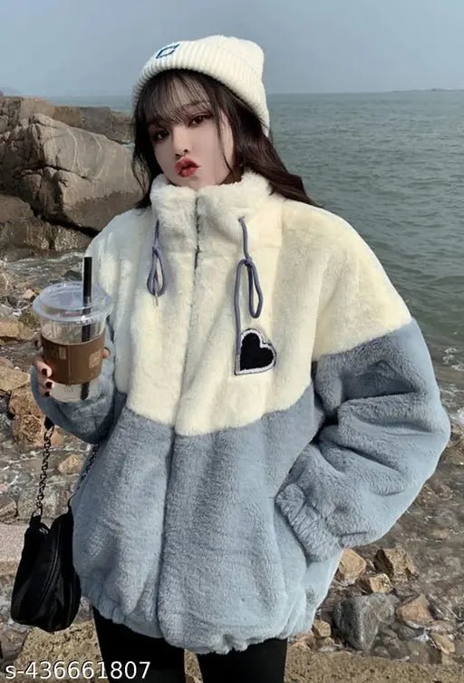 Blue and white colorblocked wool women's fur hoodie jacket, soft and warm for cold weather, perfect for adults