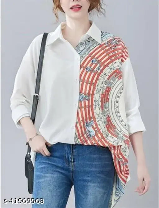 Comfy nylon long-sleeved printed women's shirt, Indian-made, collared and open-front design