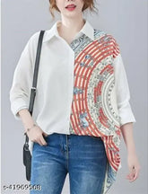 Comfy nylon long-sleeved printed women's shirt, Indian-made, collared and open-front design