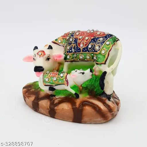 Decorative marble dust resin Kamdhenu cow and calf statue, symbol of prosperity, handmade Indian artistry