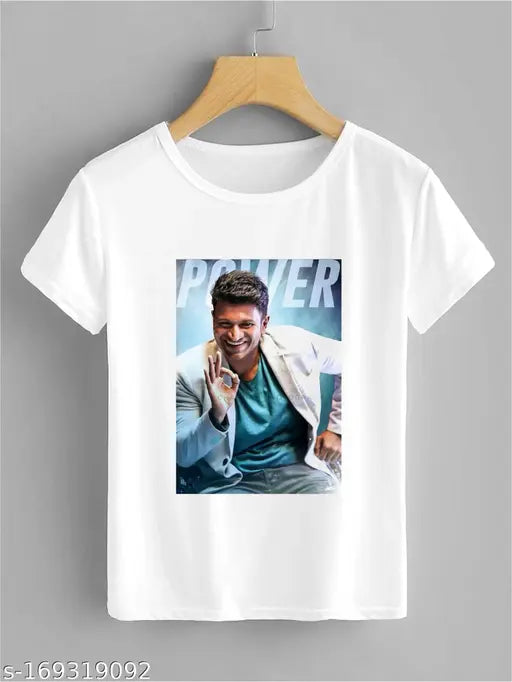 Puneeth RajKumar printed polyester t-shirt, short sleeves, sizes M, L, XL, XXL. Indian actor merchandise