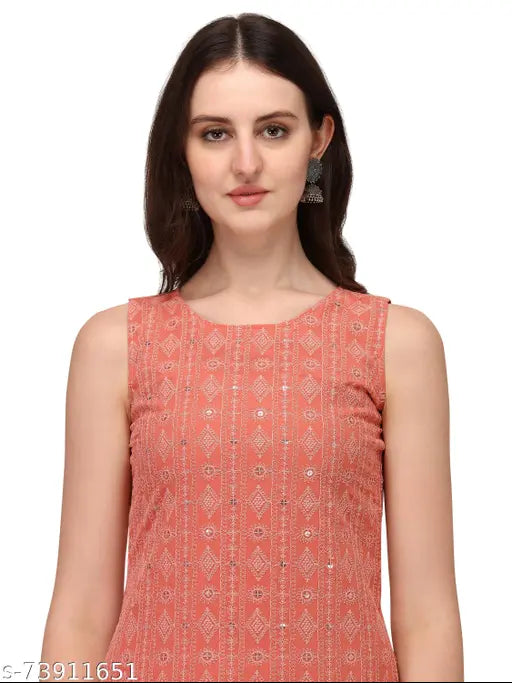 Chikankari georgette kurta & viscose palazzos, intricate Indian embroidery on sleeveless outfit