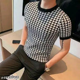 Round neck printed polyester t-shirt for men, short sleeves, blue pattern