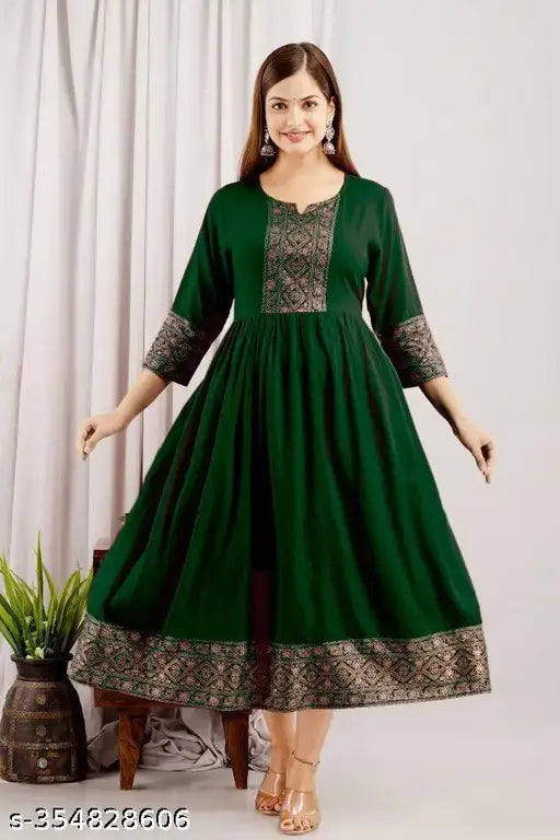 Rayon Anarkali party wear, solid-colored Indian kurti with three-quarter sleeves