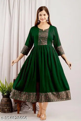 Rayon Anarkali Party Wear, three-quarter sleeve solid-colored Indian Kurta on mannequin