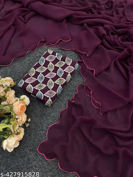 Faux georgette saree in free size, jacquard fabric, embellished net blouse, Indian origin