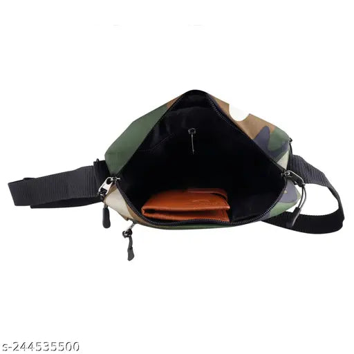 Multi-colored military style sling bag with three compartments, made of high-quality polyester from India