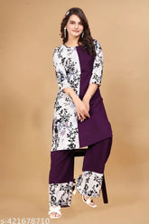 Indian-made, Aishani superior women's crepe kurta sets in 3xl, 4xl, 5xl, 6xl with printed net palazzos and three-quarter sleeves