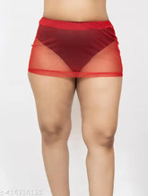 Red net micro bodycon sheer skirt for girls and women, perfect for summer style and pairing with crop tops. Sizes range from 24 to 36 inches hip size. Made in India
