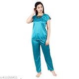 Satin printed nightsuits set for women and girls, featuring short-sleeved tops and pyjama bottoms made from satin material. Available in sizes M, L, XL (32", 34", 36" bust; 36", 38", 40" waist; 34", 36", 38" hip; 40", 42" length). Origin: India