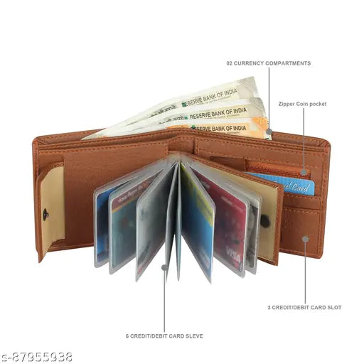 SAMTROH tan PU wallet for men, compact, spacious with 2 compartments and photo slot, ideal for everyday use or gifting