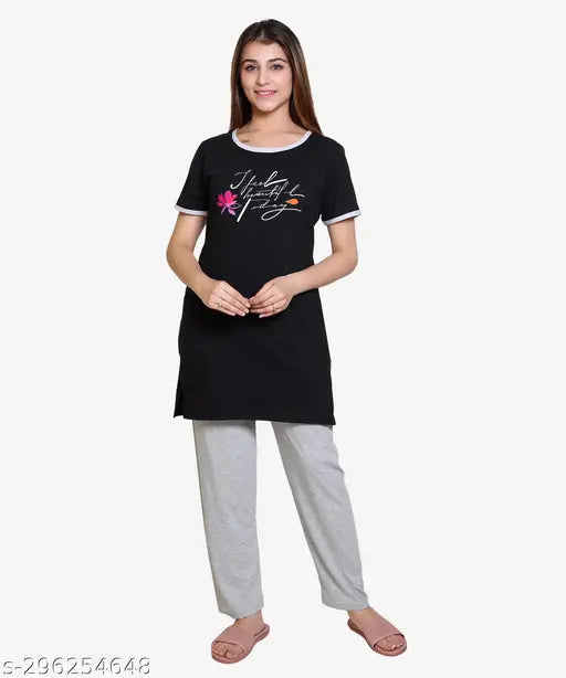 Printed cotton blend women's summer half-sleeve night suit, soft and comfortable, Round neck design, available in M-XXXL sizes