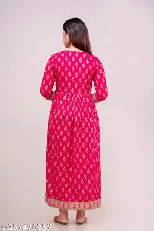 Pink Anarkali border print cotton blend maternity kurti with tassels, India-made, three-quarter sleeves, printed combo, ideal for casual wear & events