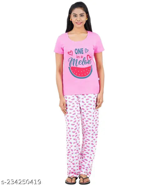 Maxi length printed cotton pyjama set with top, soft and cozy for lounging or sleepwear, India origin