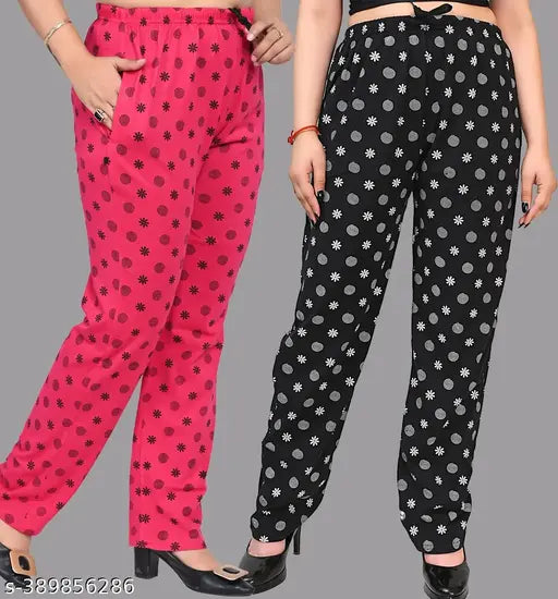 Cotton printed women's & girls nightwear lounge pack of 2 - Soft, comfortable maxi length pyjama lower in various sizes from India