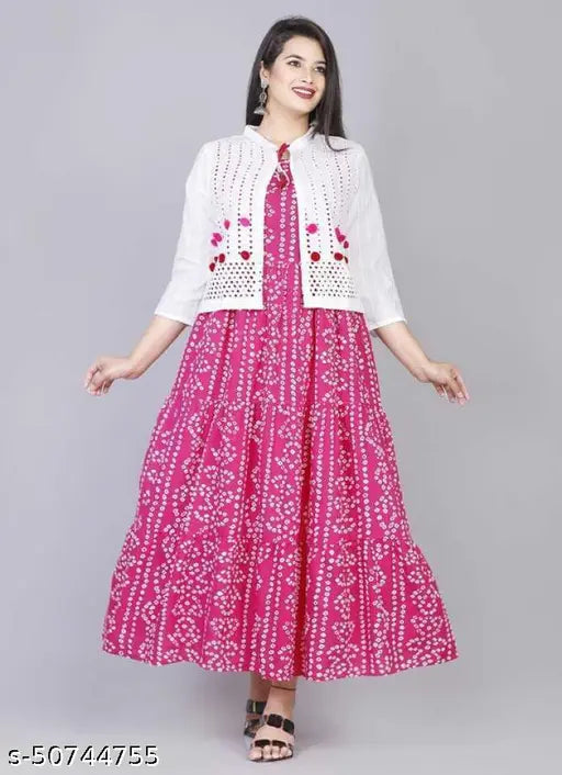Pink cotton ankle-length Anarkali Kurta with Shifli Jacket, sleeveless, printed, girls trendy fashionwear, India
