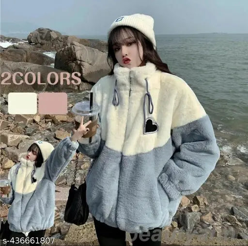 Blue and white colorblocked women's wool fur hoodie jacket, warm and skin-friendly for cold weather, adult size S-XL