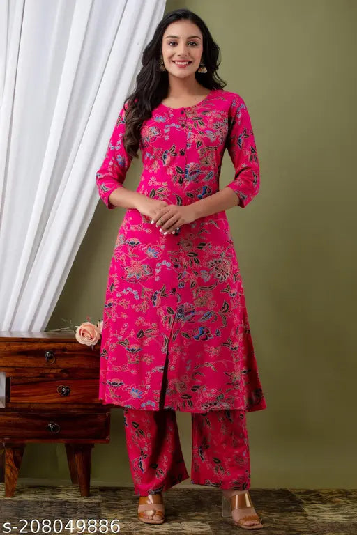 Rayon Demirner Women's Printed Kurta Palazzo Ethnic Set, three-quarter sleeves, self-design net pattern, Indian ethnic wear on display