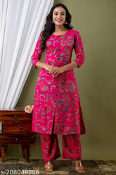 Rayon Demirner Women's Printed Kurta Palazzo Ethnic Set, three-quarter sleeve self-design Indian ethnic wear set on display stand