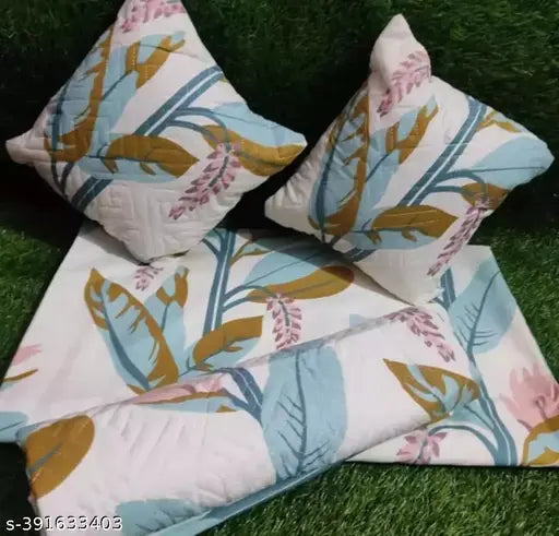 Glace Cotton 5-piece set with 1 bedsheet, 2 pillow covers, and 2 cushion covers featuring botanical print. Ideal for adult use in summer