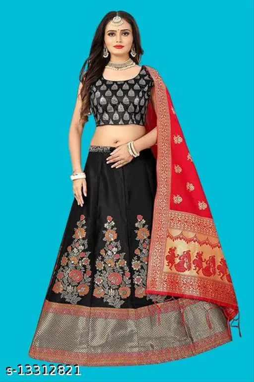 Golden poly-silk Bollywood Lengha Choli with zari embroidery, semi-stitched (40in/40in/2.35in), premium Indian fashion