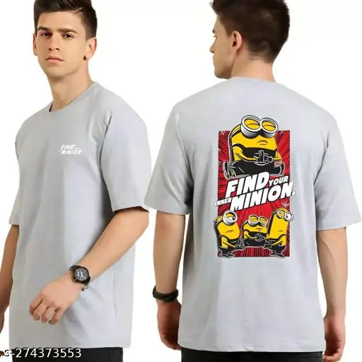 Grey Find Minion Printed Cotton Blend Three-Quarter Sleeve T-Shirt, stylish men's wear with casual appeal, India origin